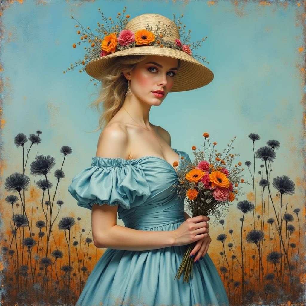 Victorian Woman with Flowers in Surrealist Impasto Style