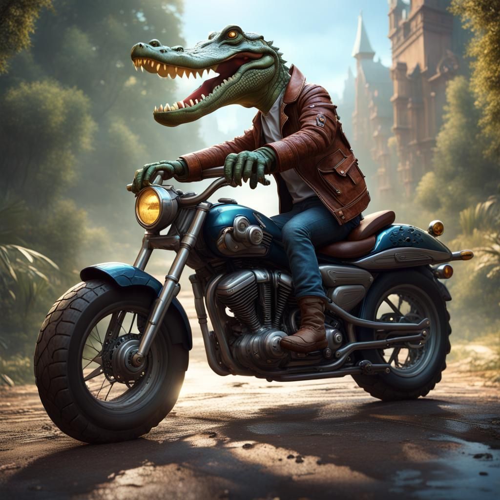 Alligator Biker in Detailed Digital Painting
