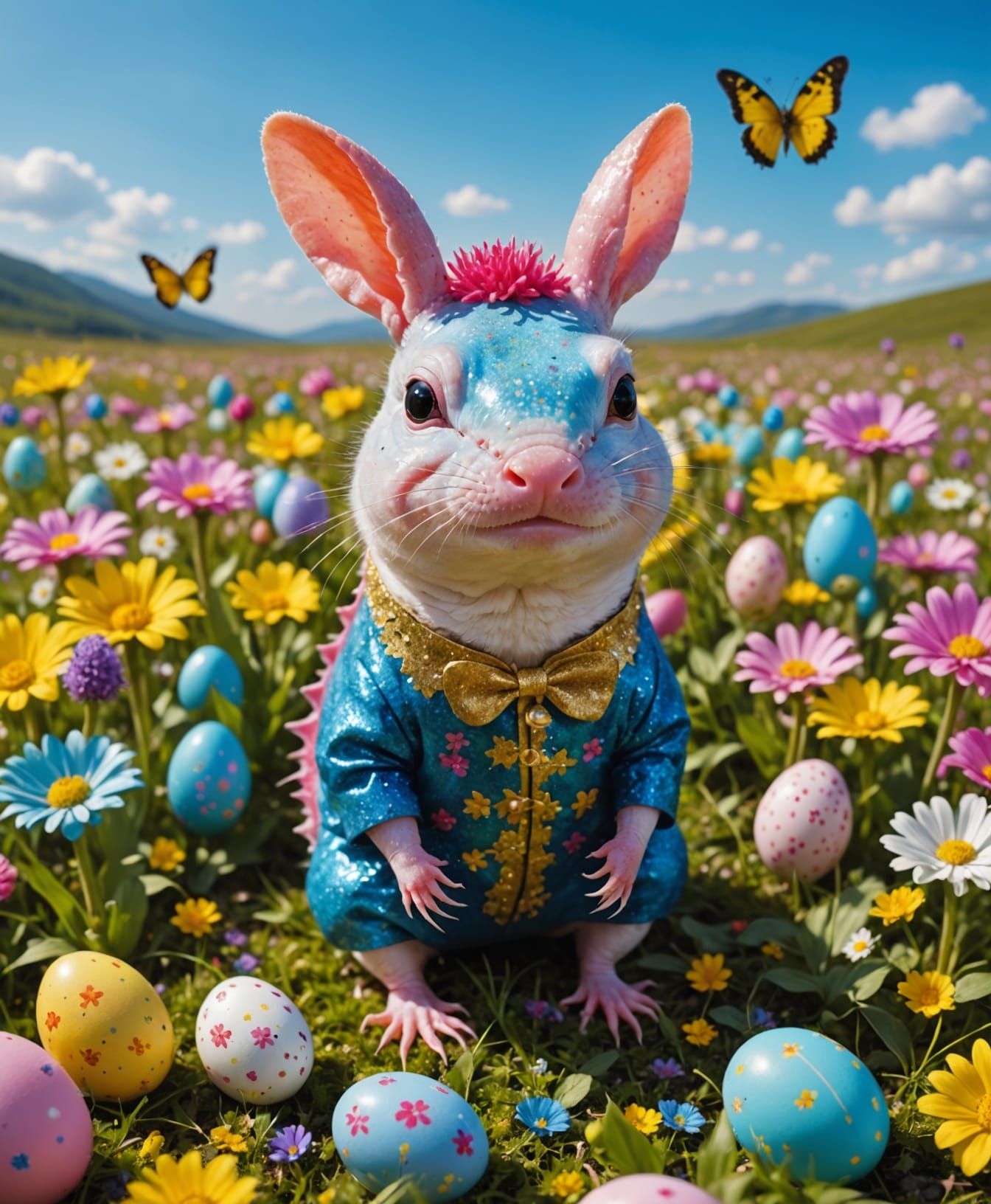 Colorful Easter Axolotl Celebrates in Vibrant Spring Meadow
