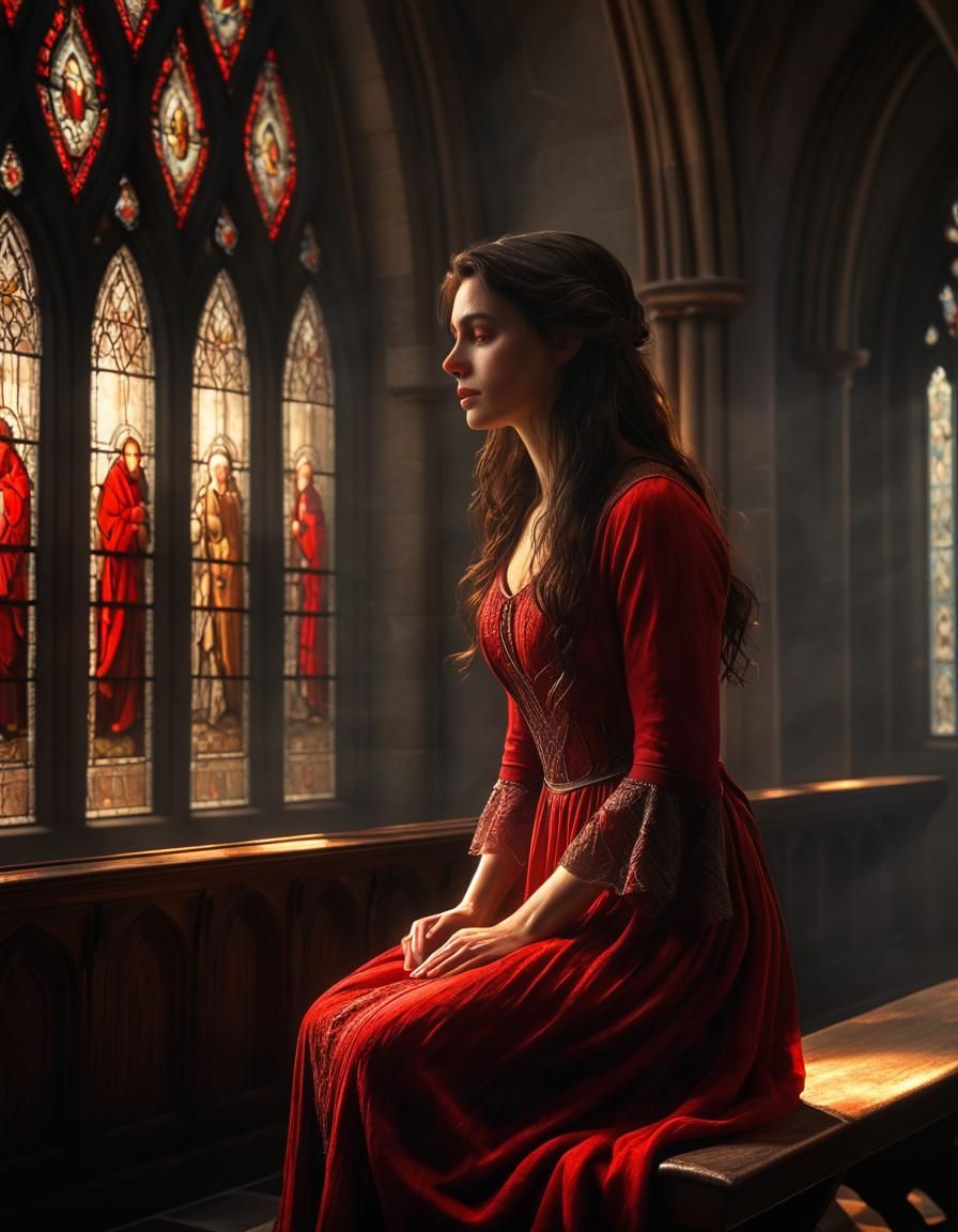 Ethereal Woman in Chapel: Chiaroscuro Oil Painting