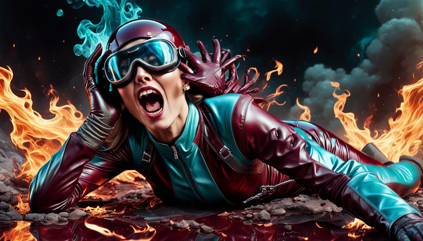 Girl in Burning Cyberpunk Suit Crying