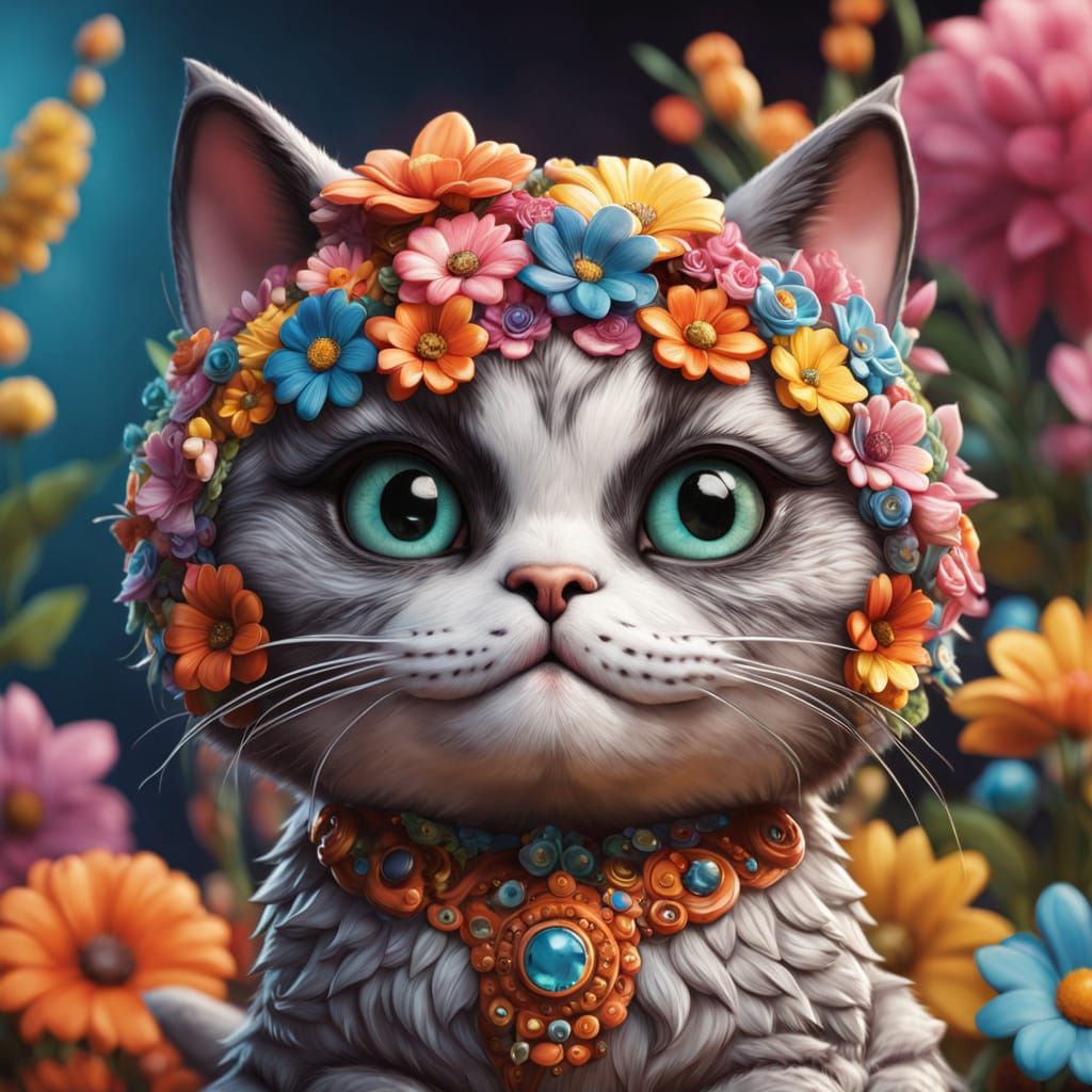 Anthropomorphic Floral Cat Chibi in Hyperrealistic Style