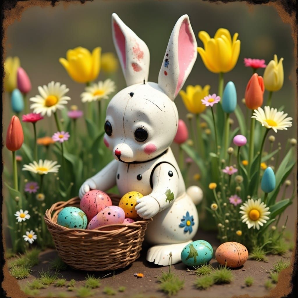 Whimsical Easter Bunny Robot Toy in Vintage Style