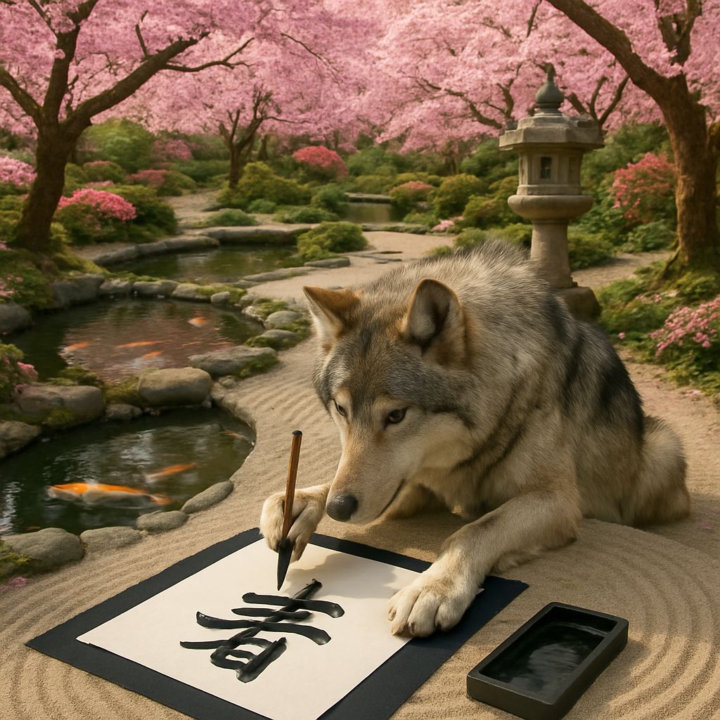 Grey Wolf Practicing Calligraphy in Zen Garden
