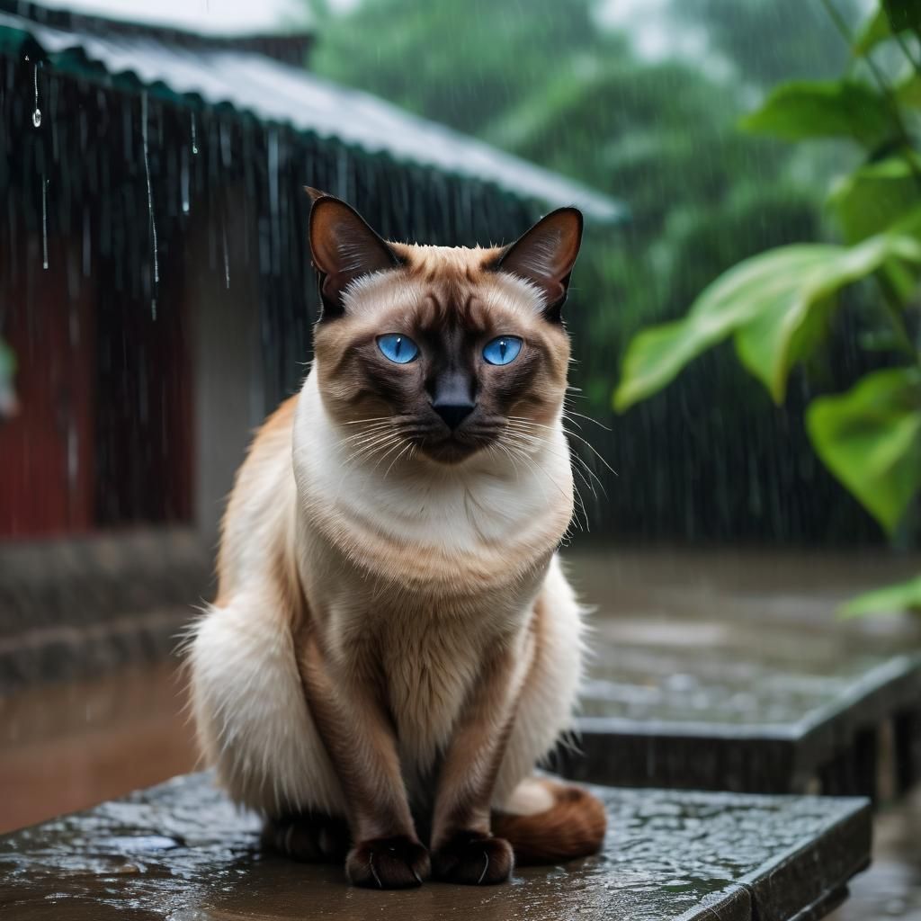 Auburn Siamese Cat Awaits in Monsoon Rain