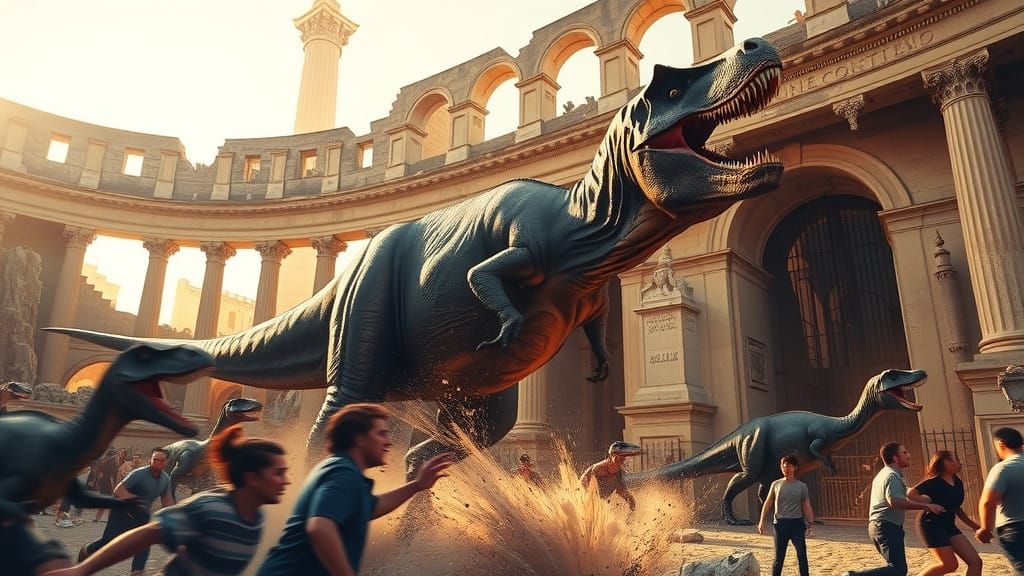 Dinosaurs Unleash Chaos in Ancient Rome's Colosseum, Wide-An...