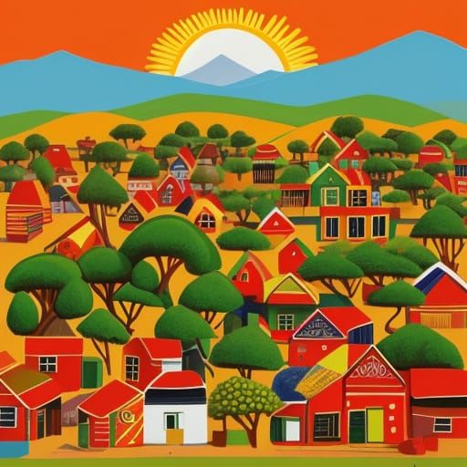 Naive African Village Art with Bold Colors