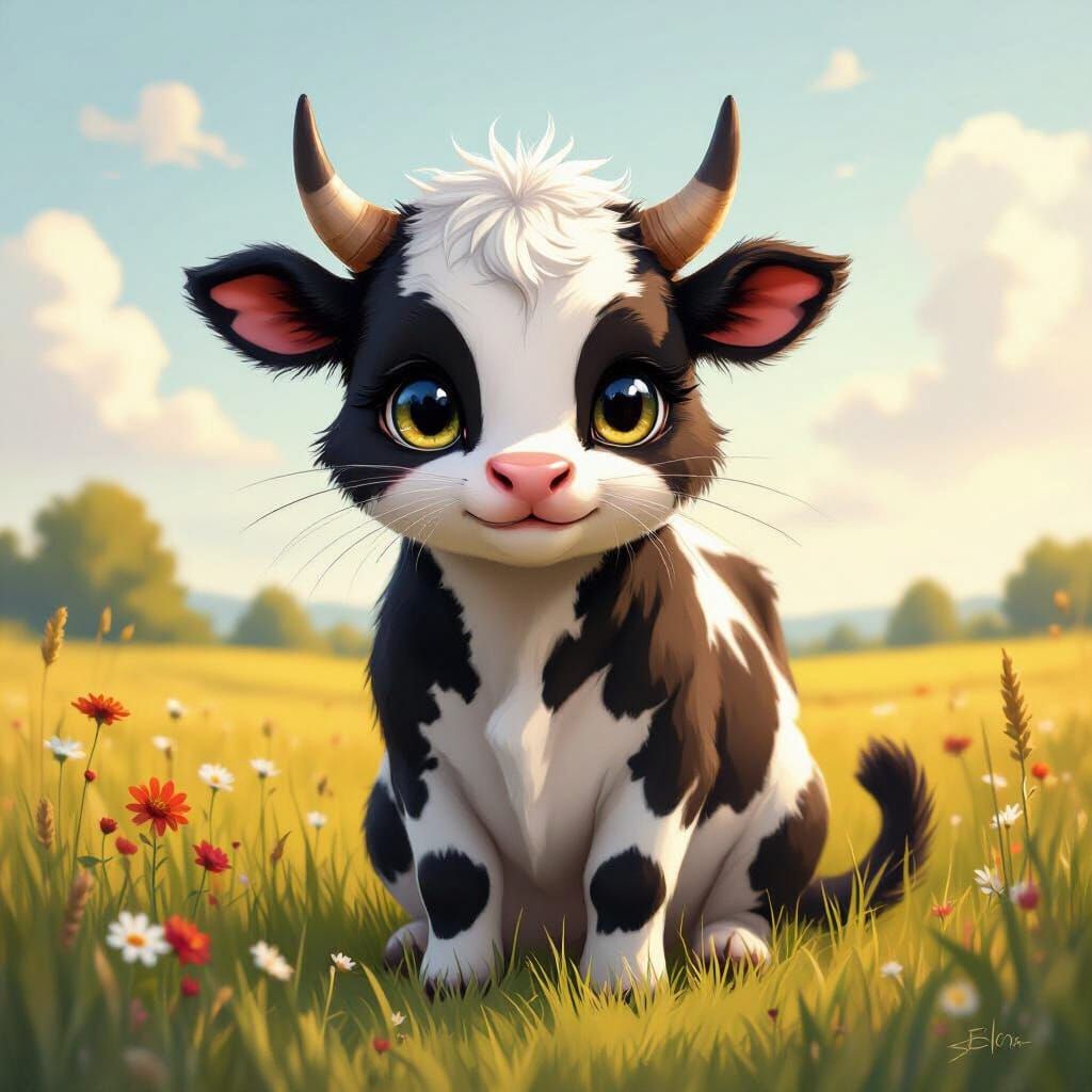 Charming Cat-Cow Hybrid in Watercolor Art Style