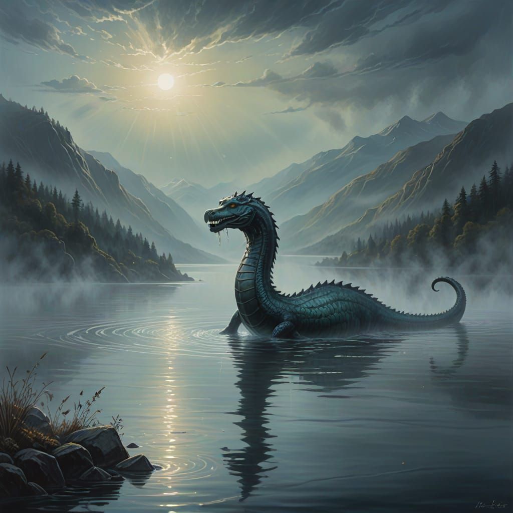 Ethereal Loch Ness Monster Surfaces in Misty Lake Oil Painti...