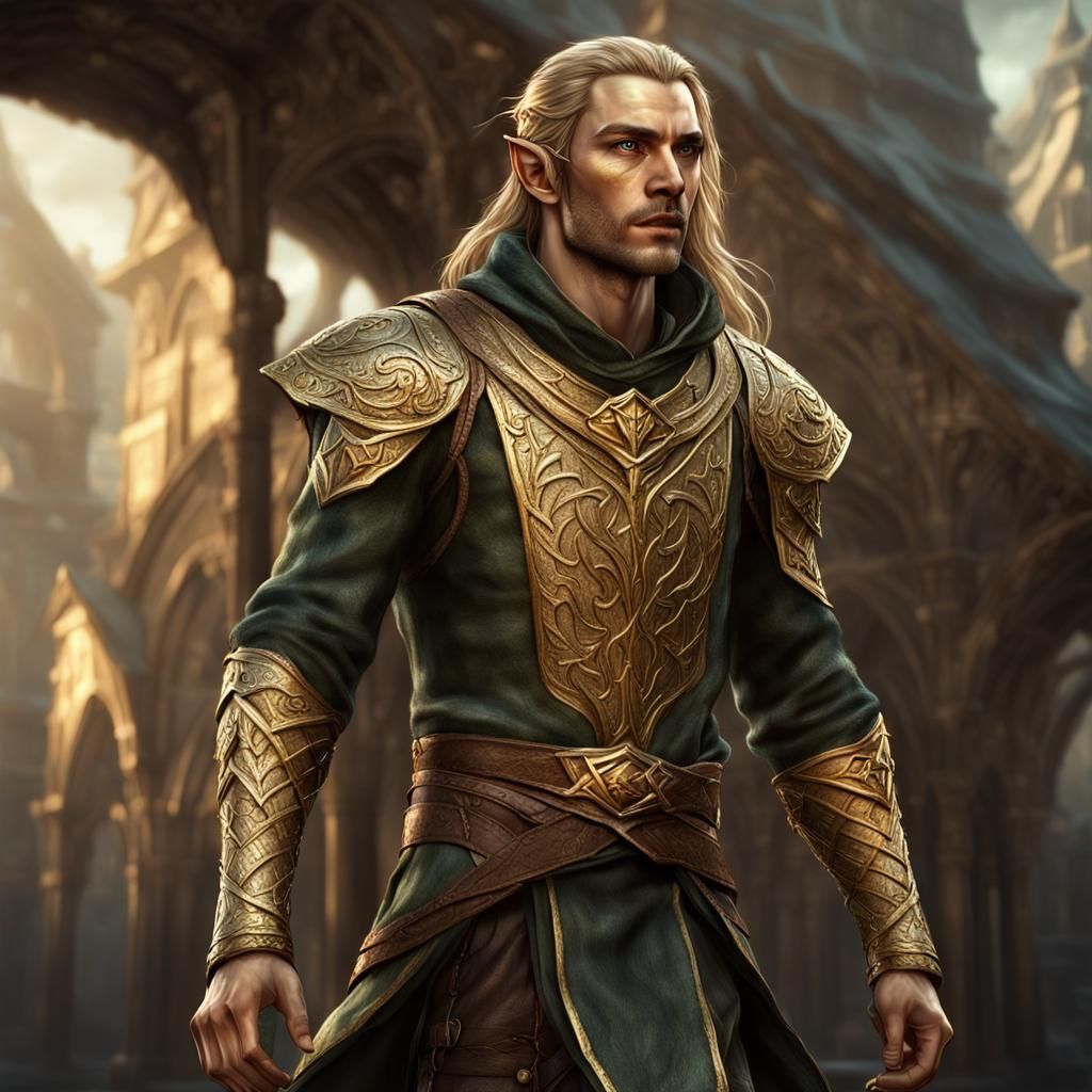 Hyperrealistic Elven Courier with Gold Skin Accents