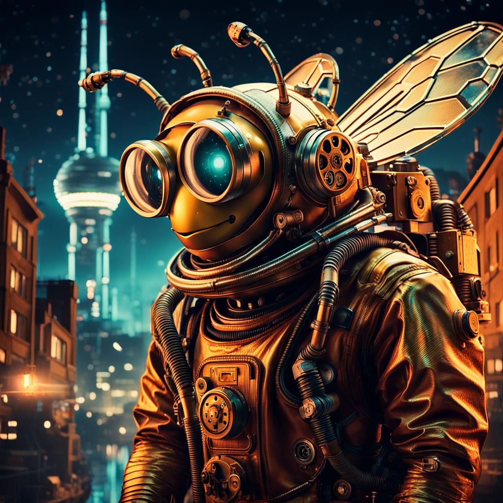 Steampunk Bee Mechanic Repairs Spaceship in Berlin