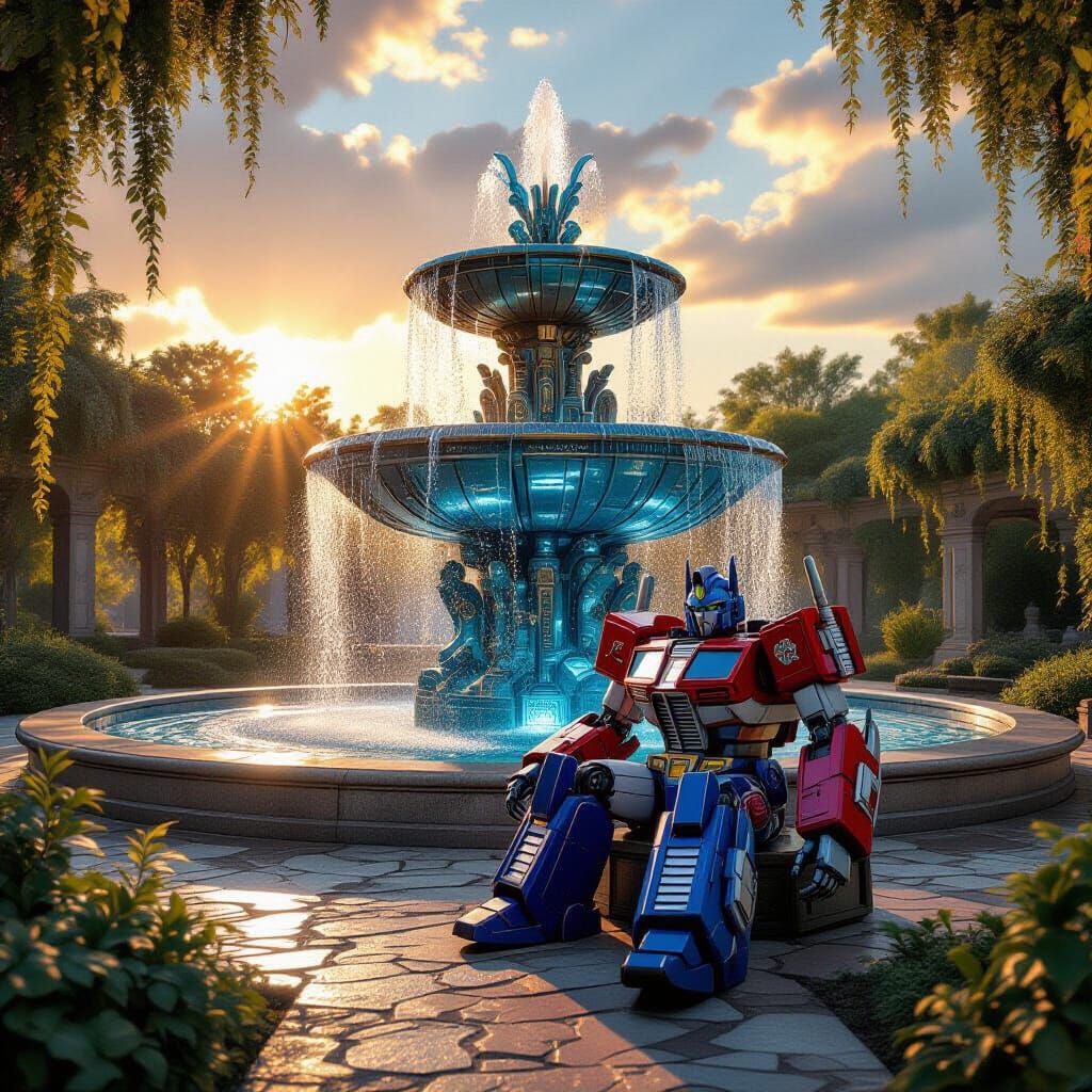 Serene Cybertronian Garden with Autobot and Steampunk Founta...