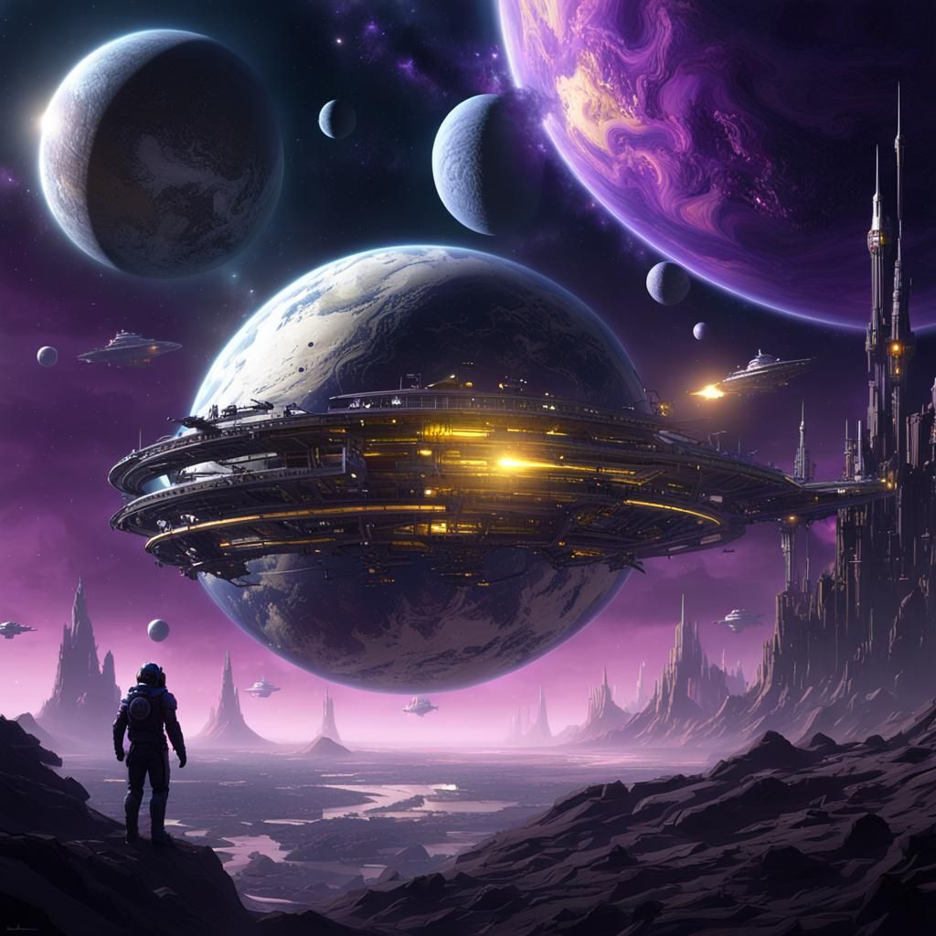 Silver Planet with Spaceships: Dark Fantasy Concept Art