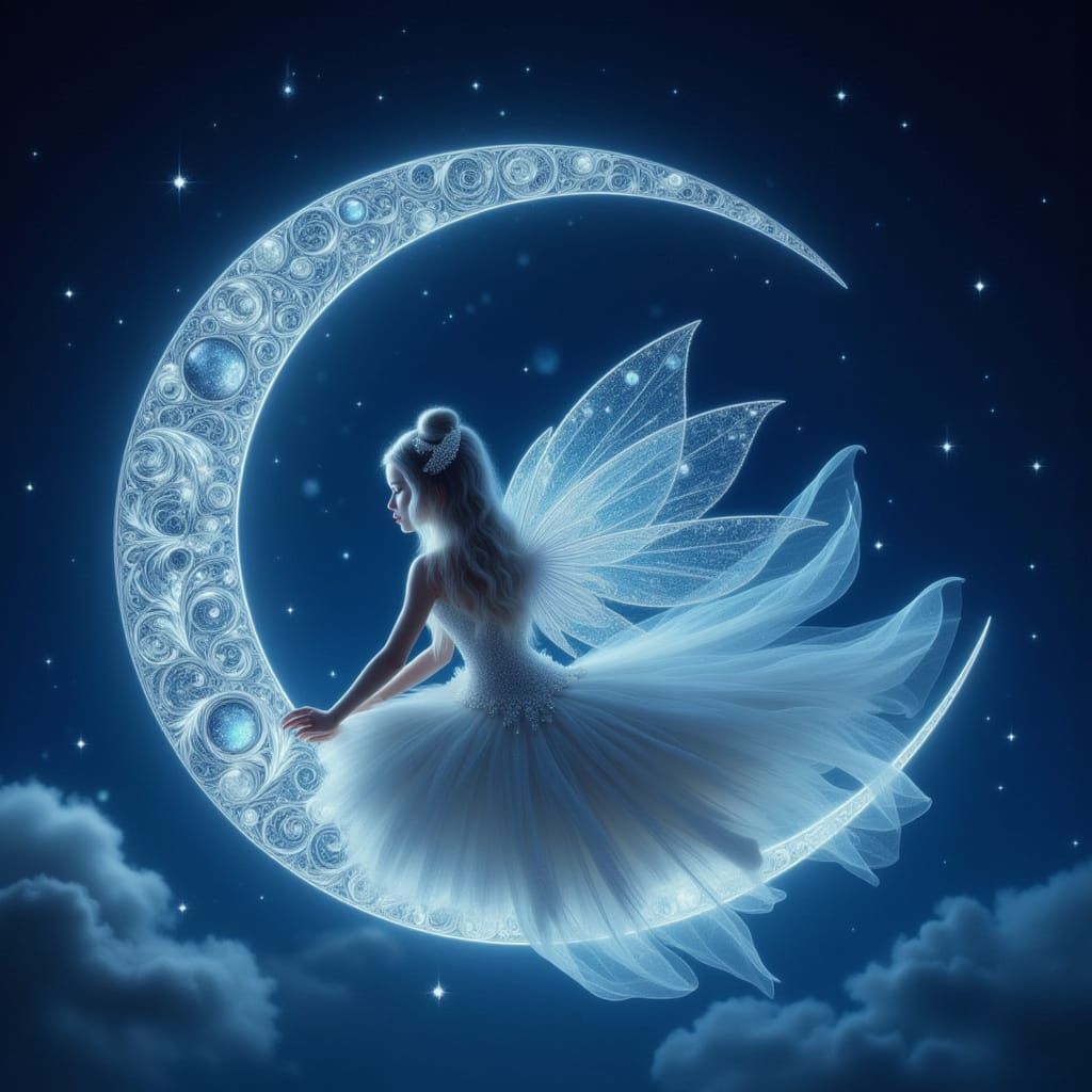 Ethereal Fairy on Crescent Moon in Starlit Sky