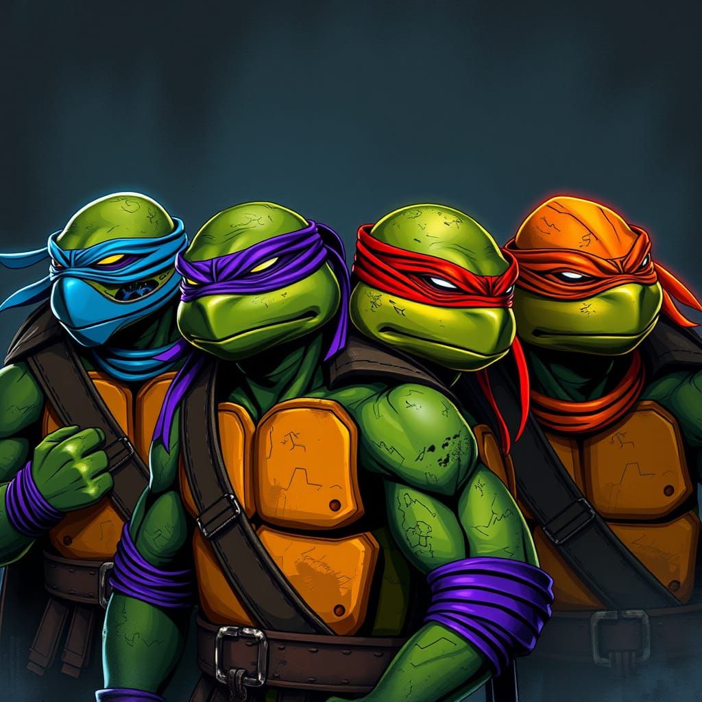 TMNT in Distressed Cyberpunk Mystical Realism Style