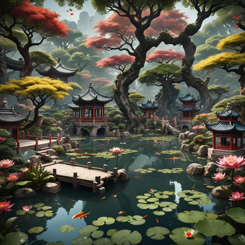 Mystical Chinese Garden with Pagoda and Lotus Pond