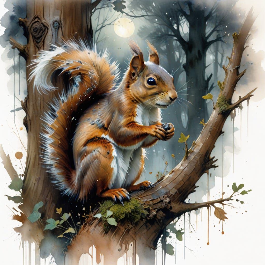 Squirrel on Oak Branch in Pre-Raphaelite Style