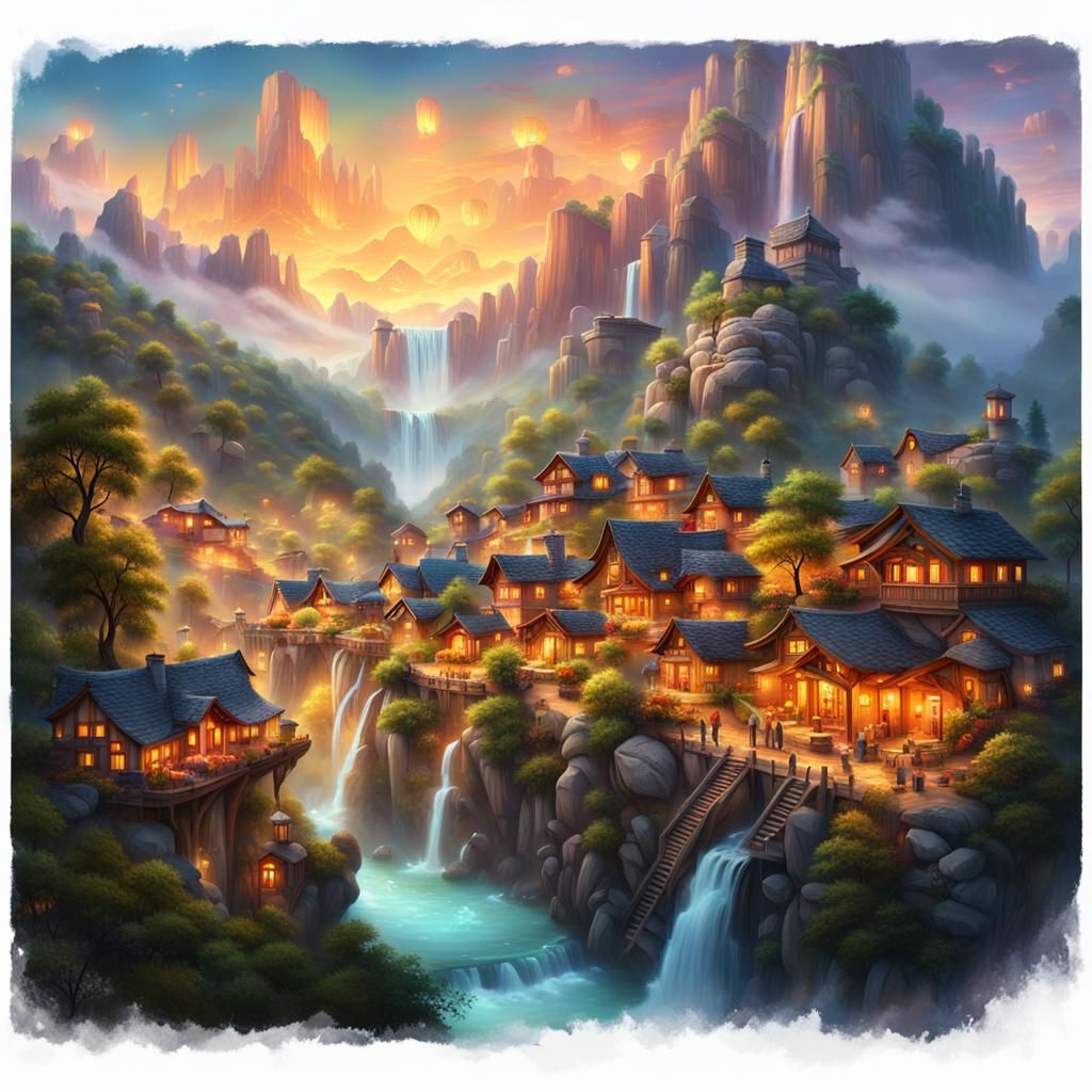 Serene Mountaintop Village at Twilight: A Fantasy Landscape