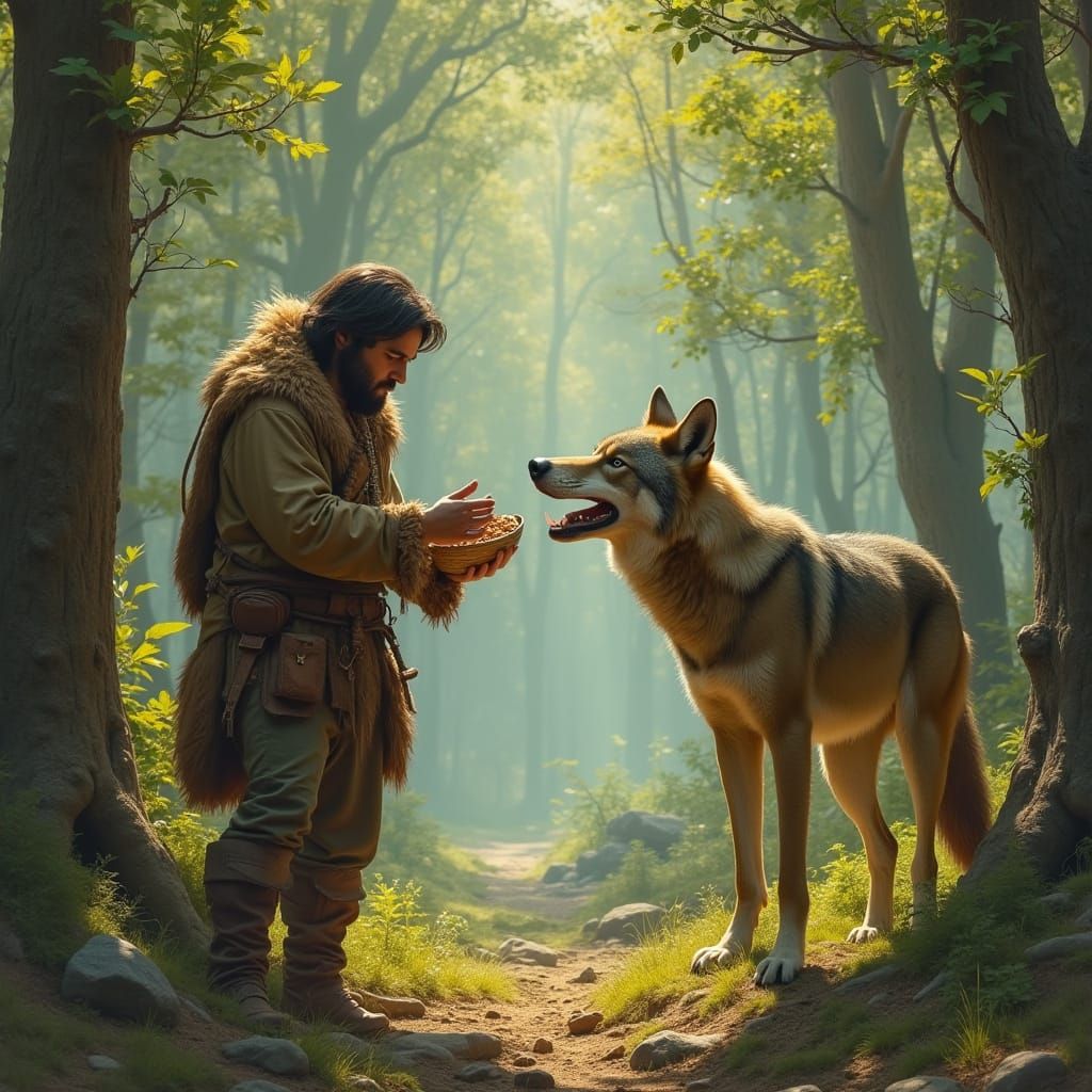 Early Human Befriends Wolf in Prehistoric Forest