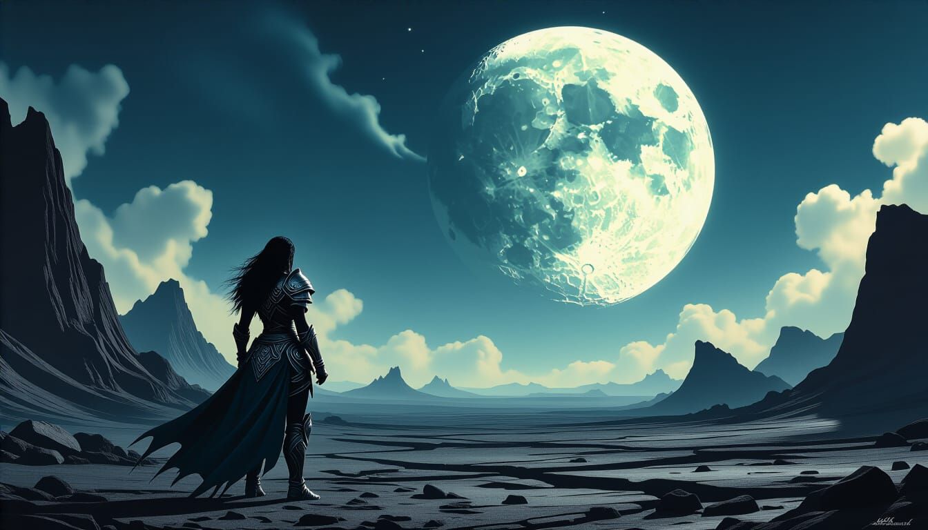 Lone Warrior Gazes at Shattered Moon on Alien World