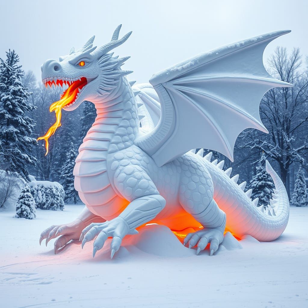 Ethereal Dragon Snow Sculpture in Vibrant Winter Wonderland