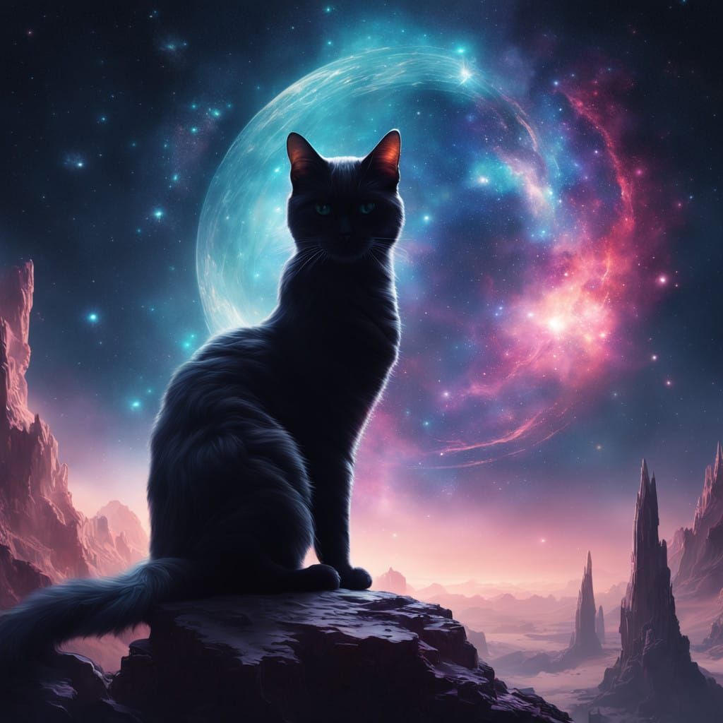 Cat Silhouette in Galaxy of Stars, Digital Art