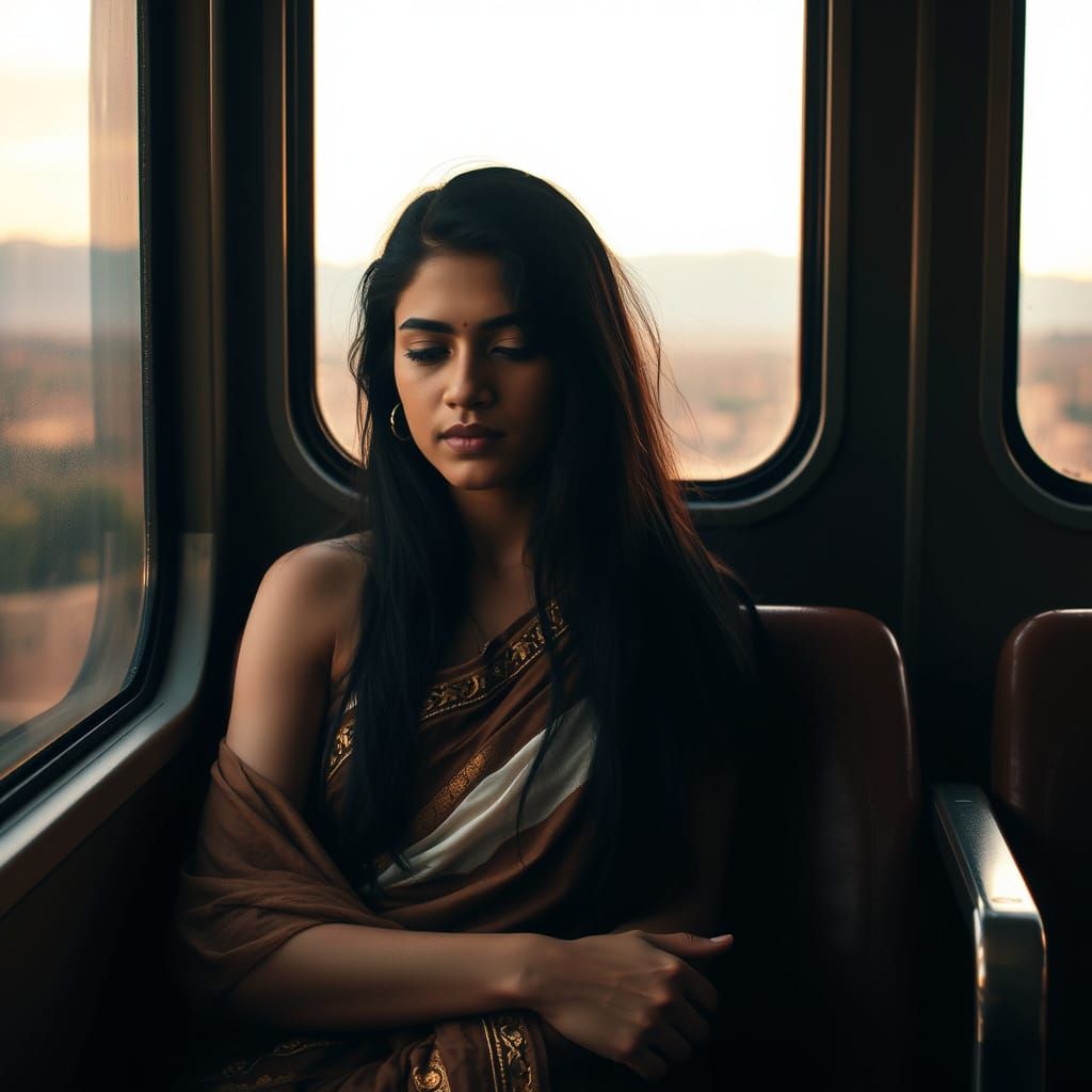 Indian Woman on Train Through Valley, Fantasy Art
