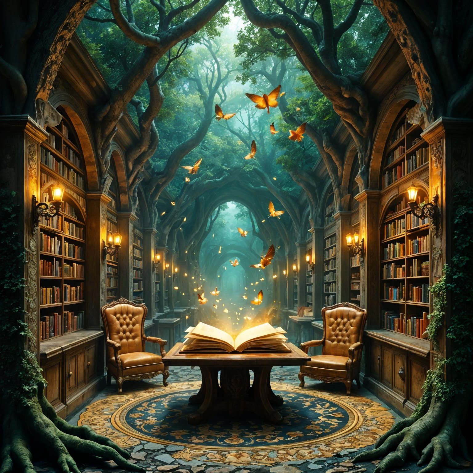 Magical Hidden Library in Mystical Forest