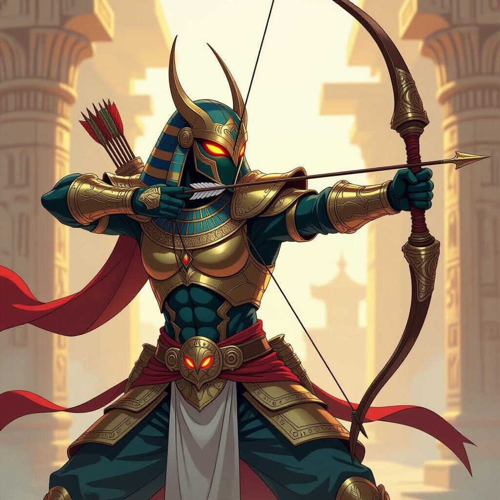 Scorpion Archer in Egyptian Armor, Vibrant Anime Style