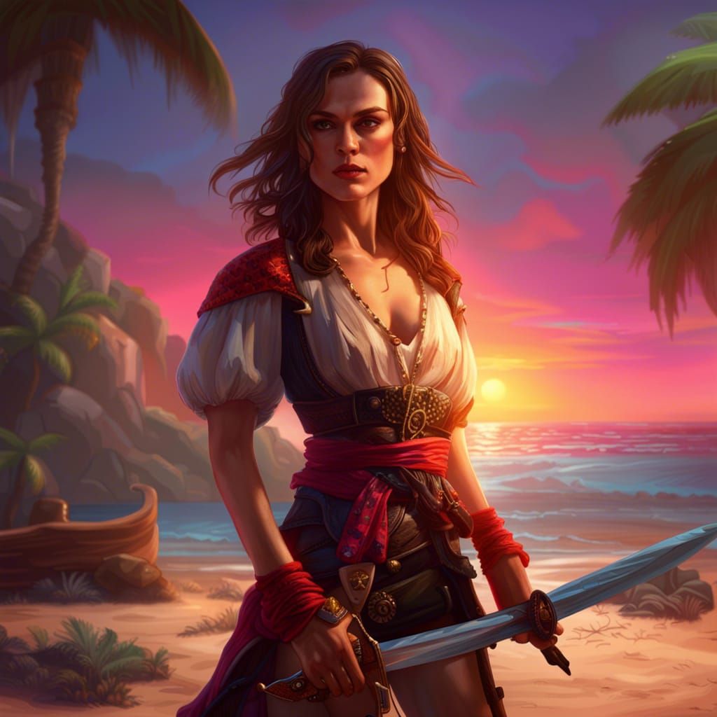 Pirate Queen on Tropical Beach at Sunset