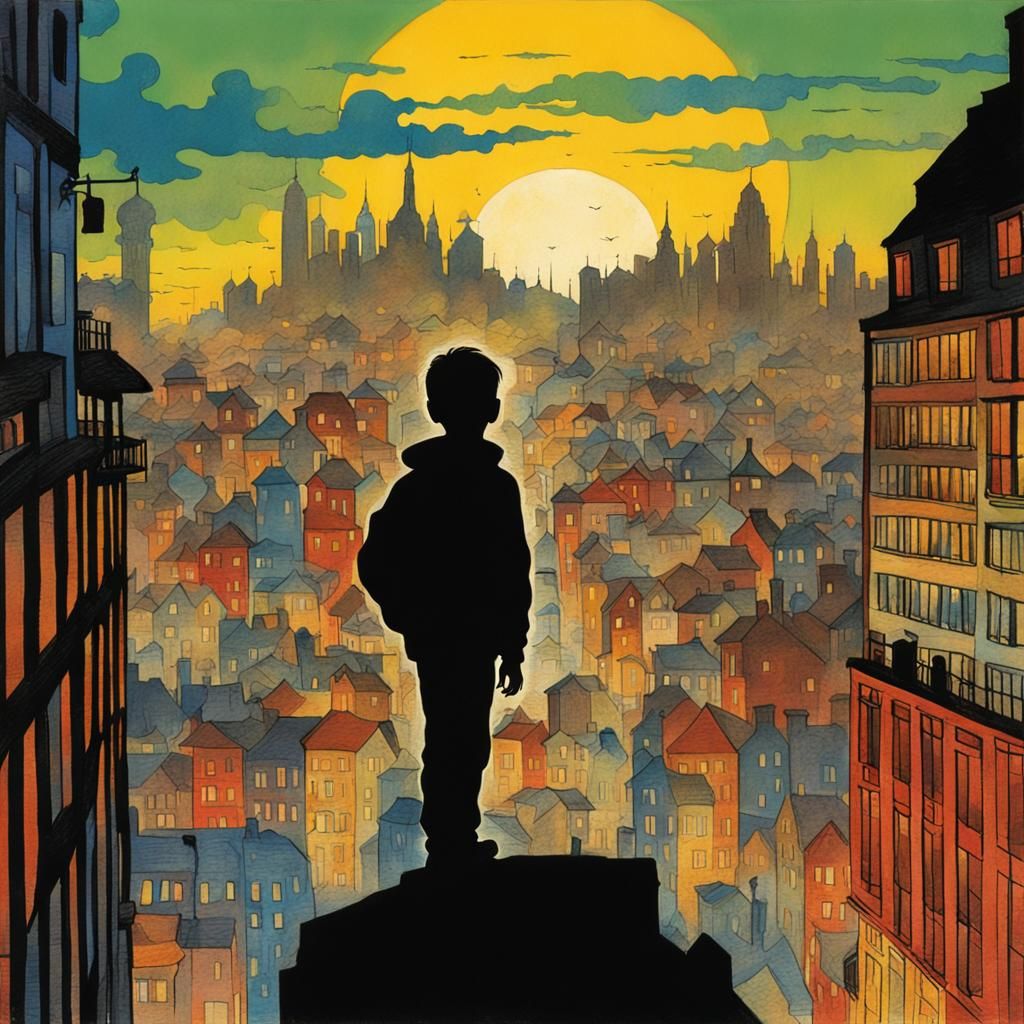 Boy Silhouette in Colorful Cityscape Art