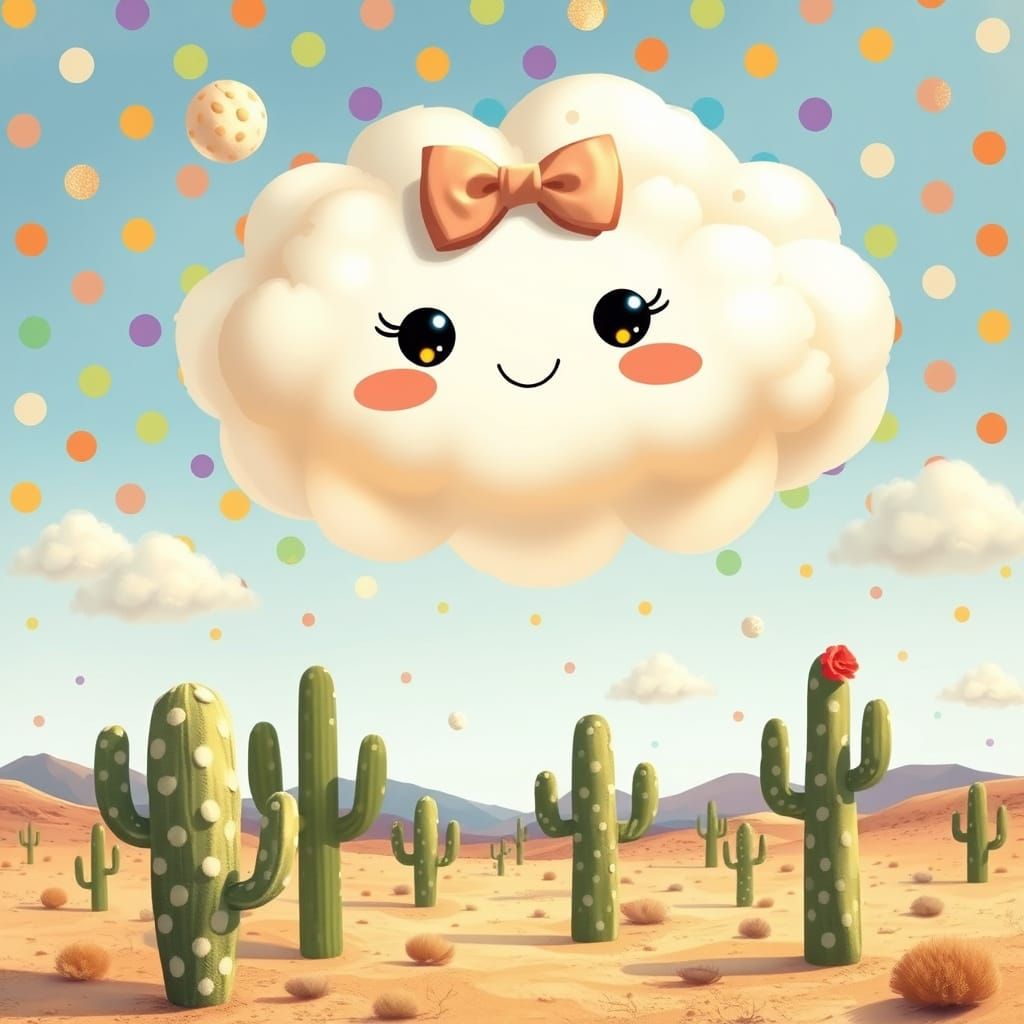 Giant Fluffy Cloud with Eyes in Kawaii Desert