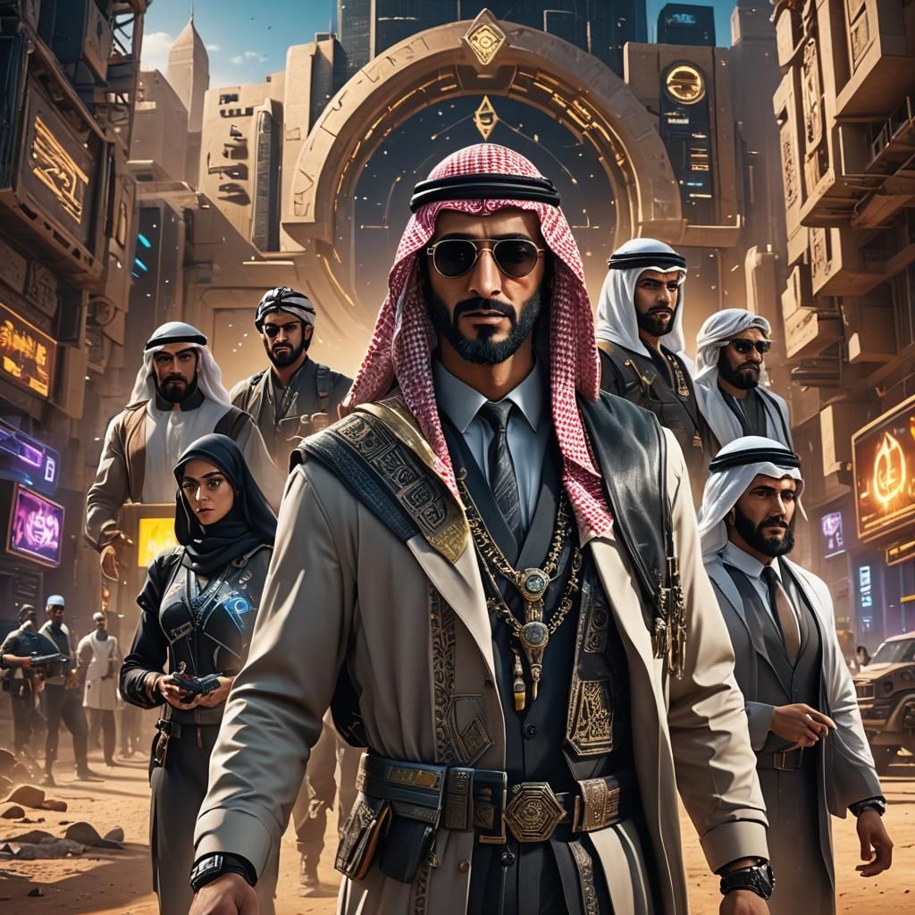 Arab Cyber Consultants in 3D Game Cinematic Style
