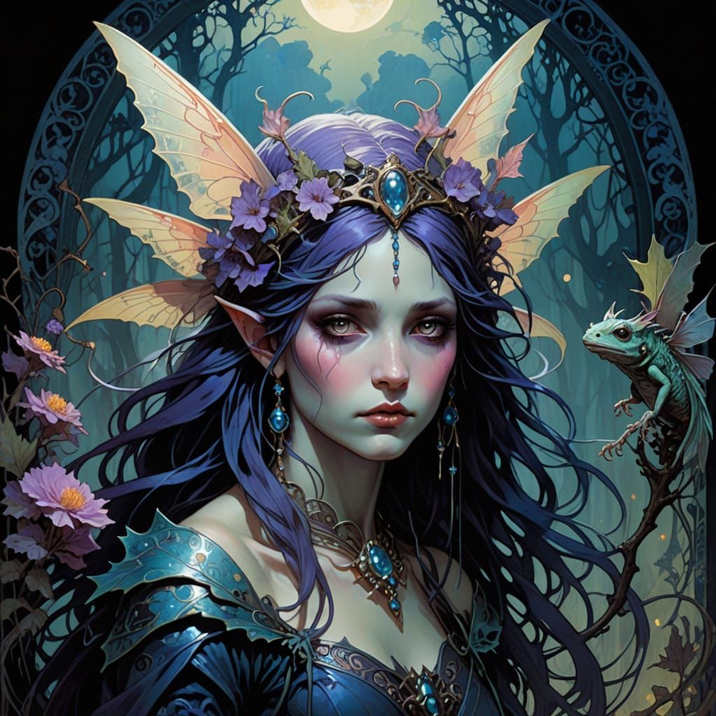 Mischievous Fairy Rides Axolotl in Dark Fantasy Art