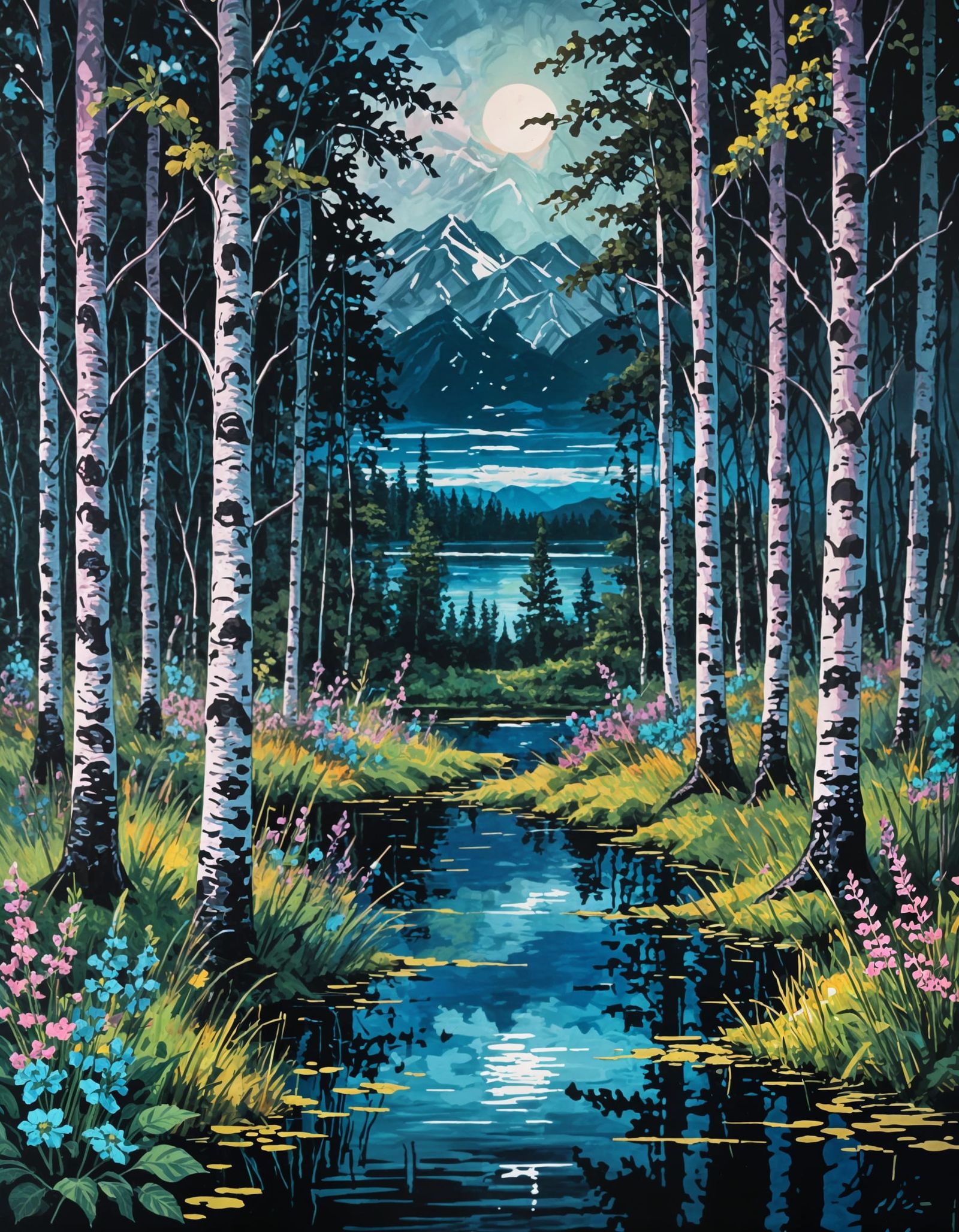 Vaporwave Birch Trees Oil Painting by Lake