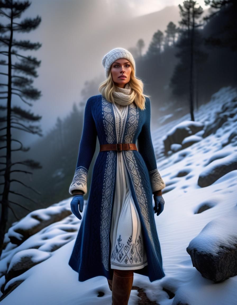 Renaissance Woman in Snowy Mountain Forest