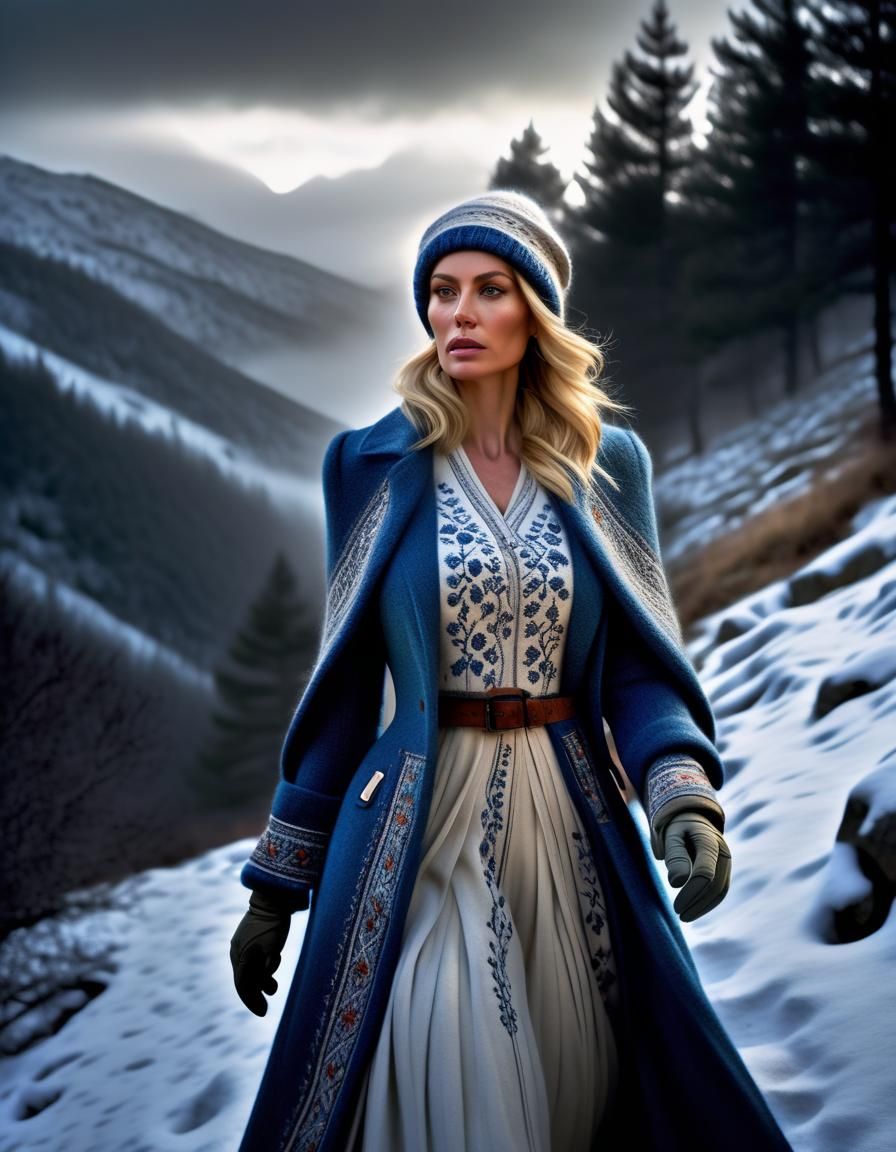 Renaissance-Style Photograph of Woman on Mountainside