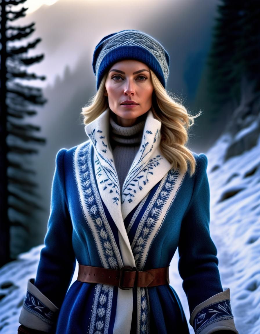 Blonde Woman in Snowy Forest at Dawn: Renaissance Style