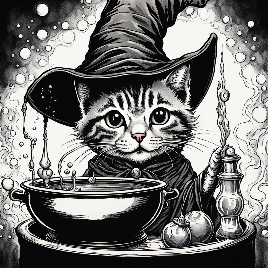 Tabby Kitten Witch Brews Potion: Tenniel-Style Drawing