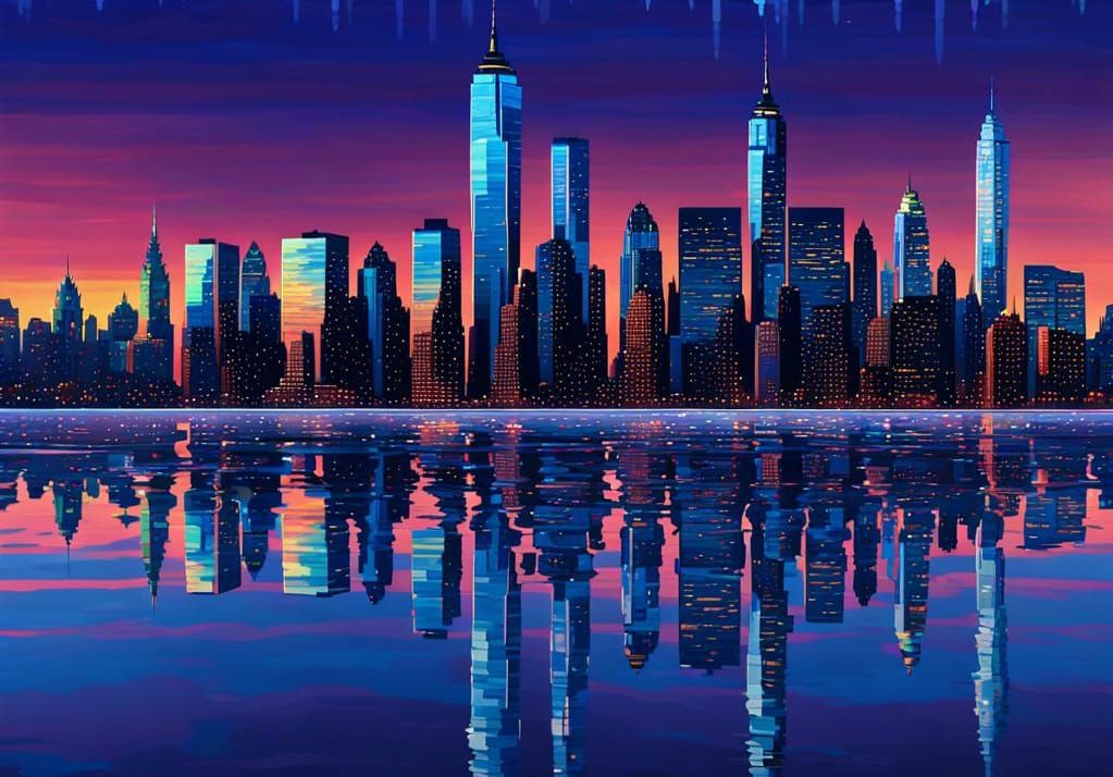 New York City Skyline Reflected: Pixel Art Style