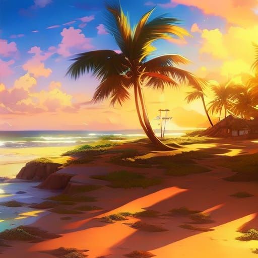 Bahamas Beach Scene in Anime Style
