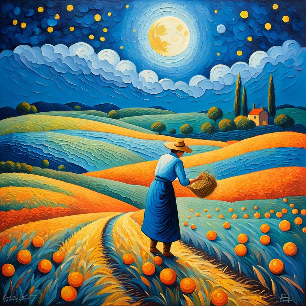 Harvesting Glowing Moons: A Neo-Impressionist Oil Painting