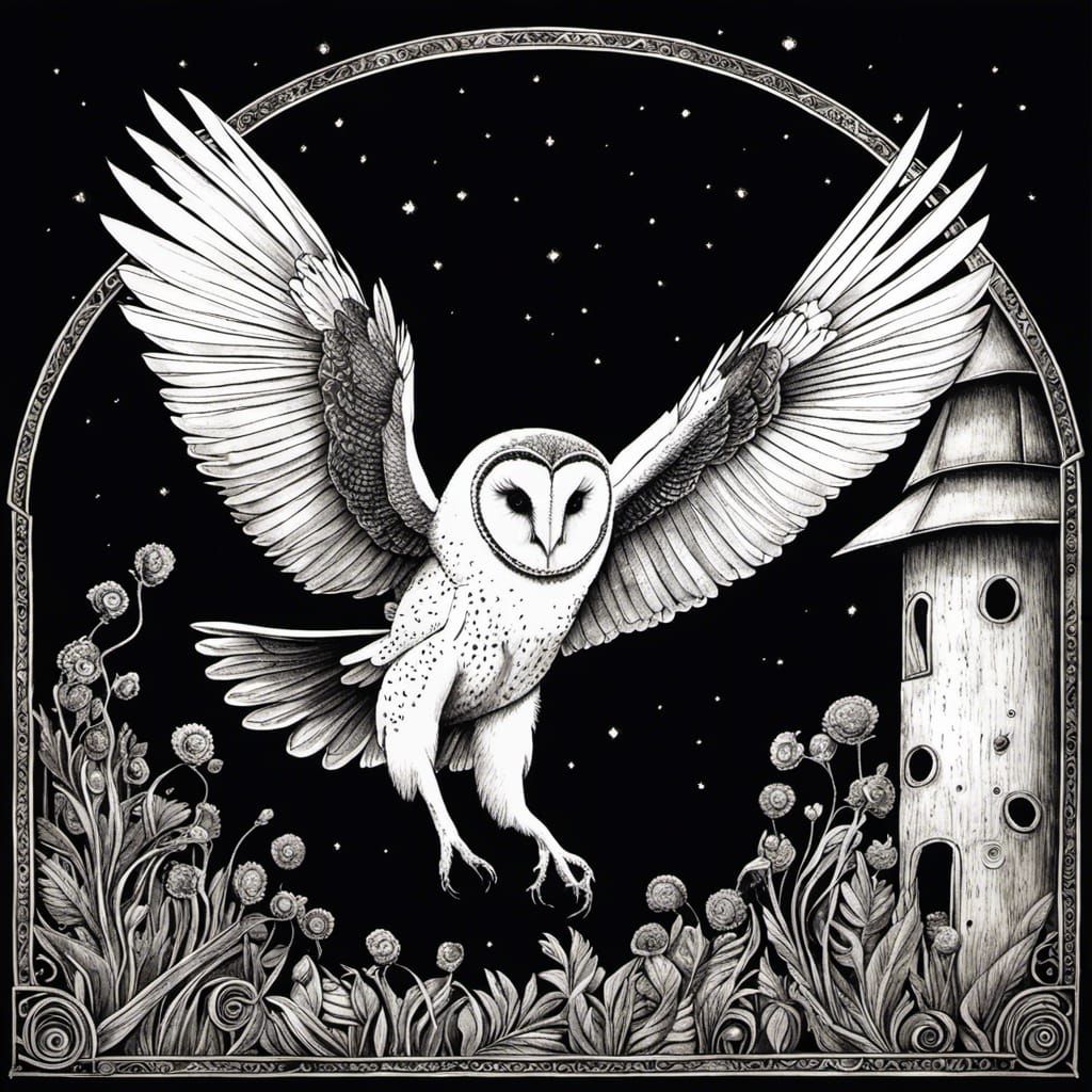 Detailed Ink Drawing of Barn Owl