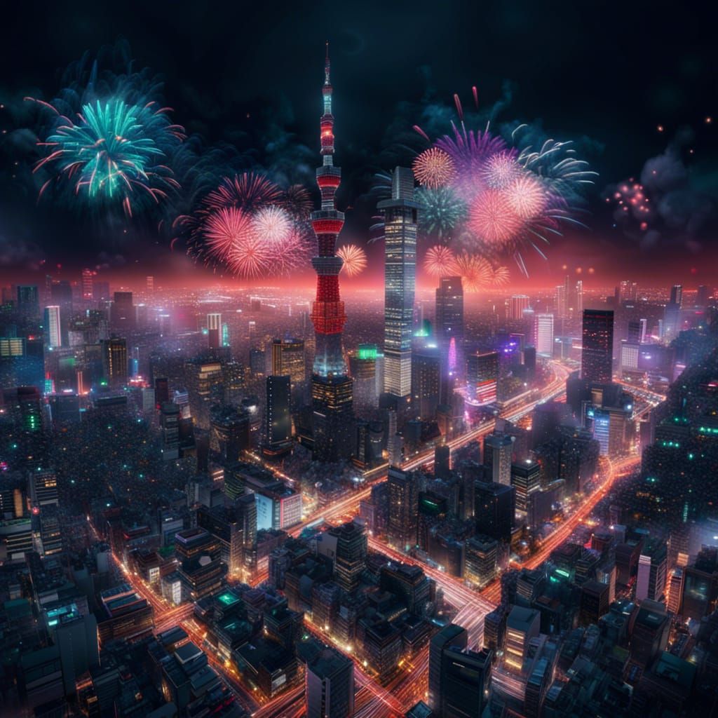 Tokyo City in Neon Lights with Fireworks Display