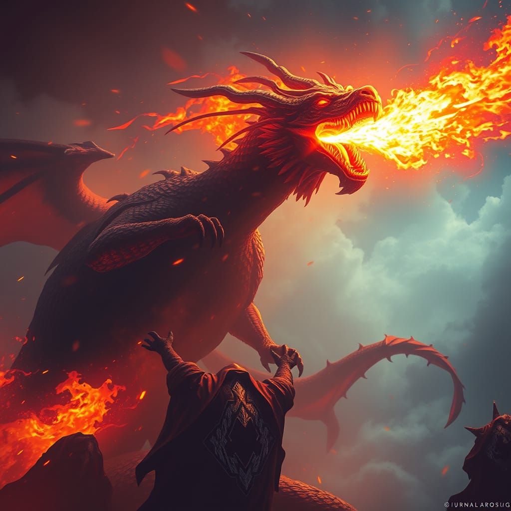 Mystical Dragon Fire Breath in Dark Fantasy Style