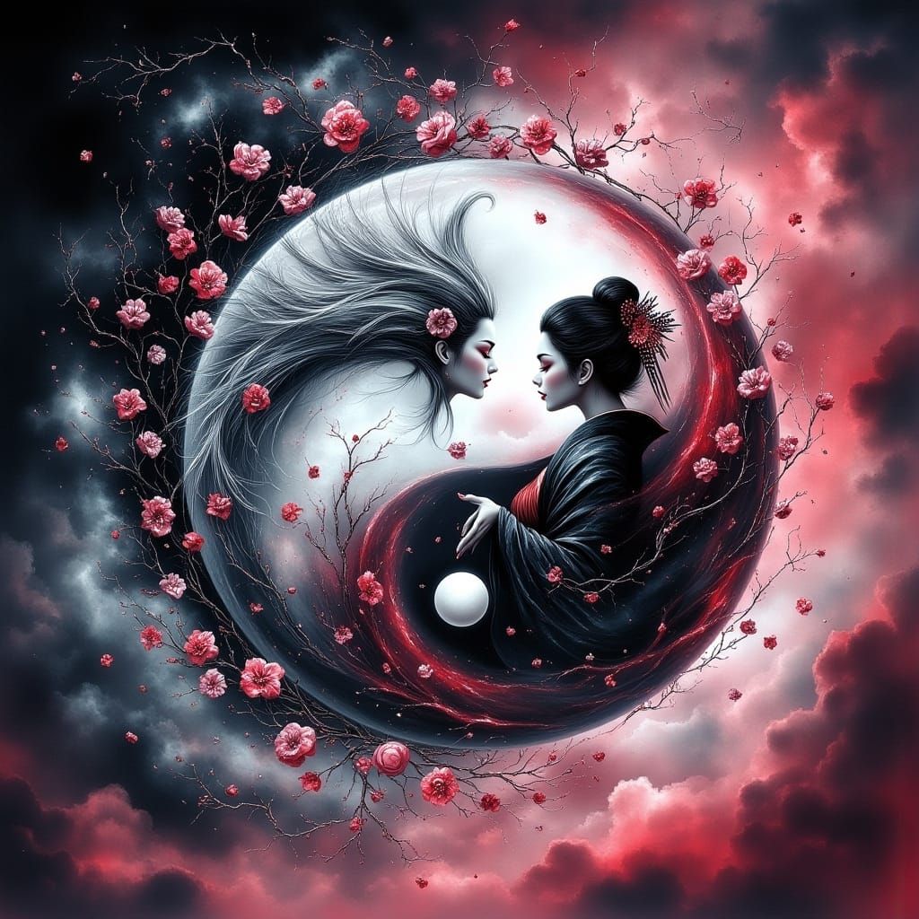 Yin Yang Geishas with Ceramic Flowers in Digital Art