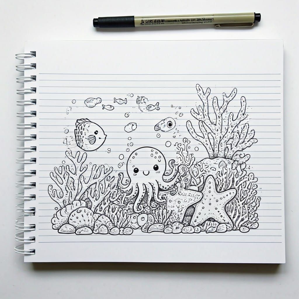 Kawaii Underwater Doodle Seascape on Notebook Paper