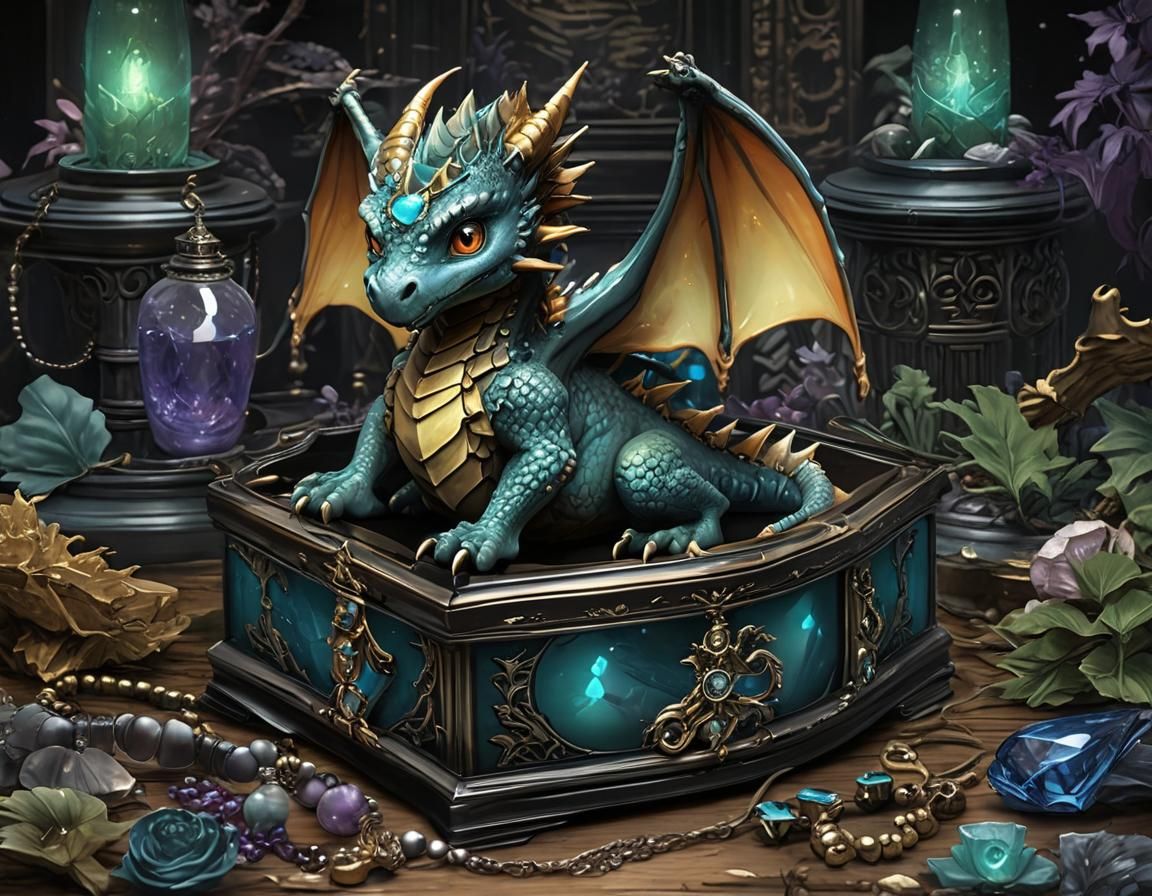 Baby Dragon with Glowing Jewelry, Art Deco Style