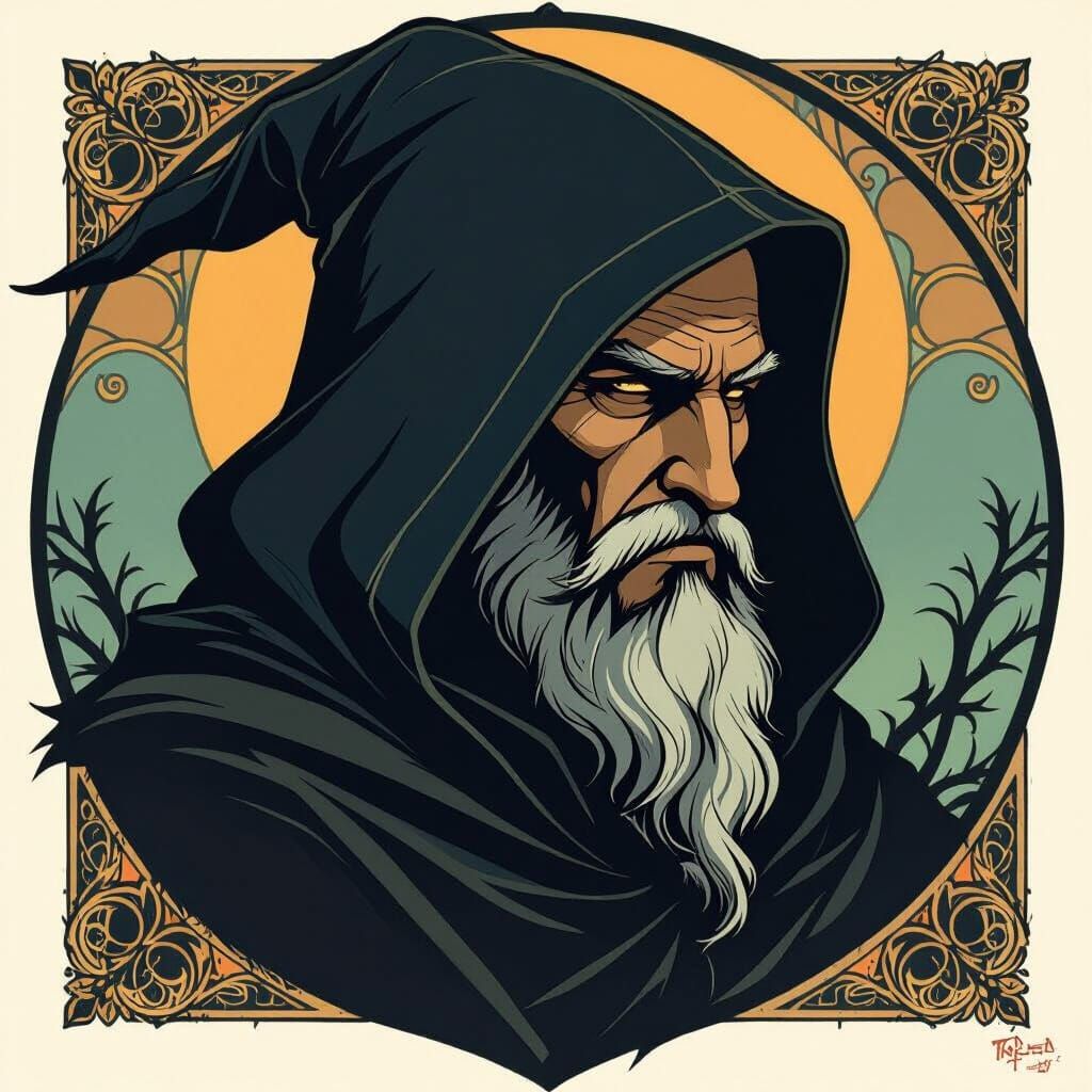 Monochrome Druid Head Logo Illustration in Minimalist Style