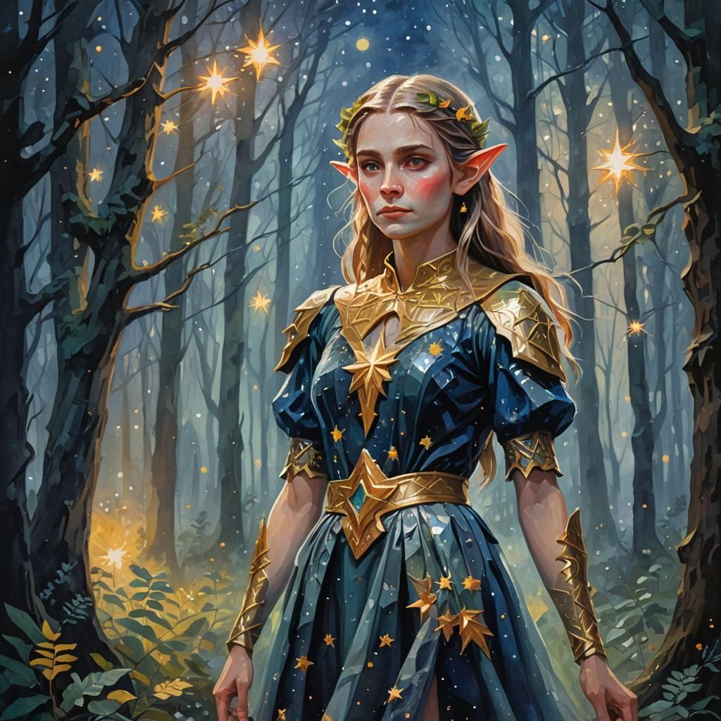 Ethereal Elf in Star Dress, Impressionist Gouache Portrait